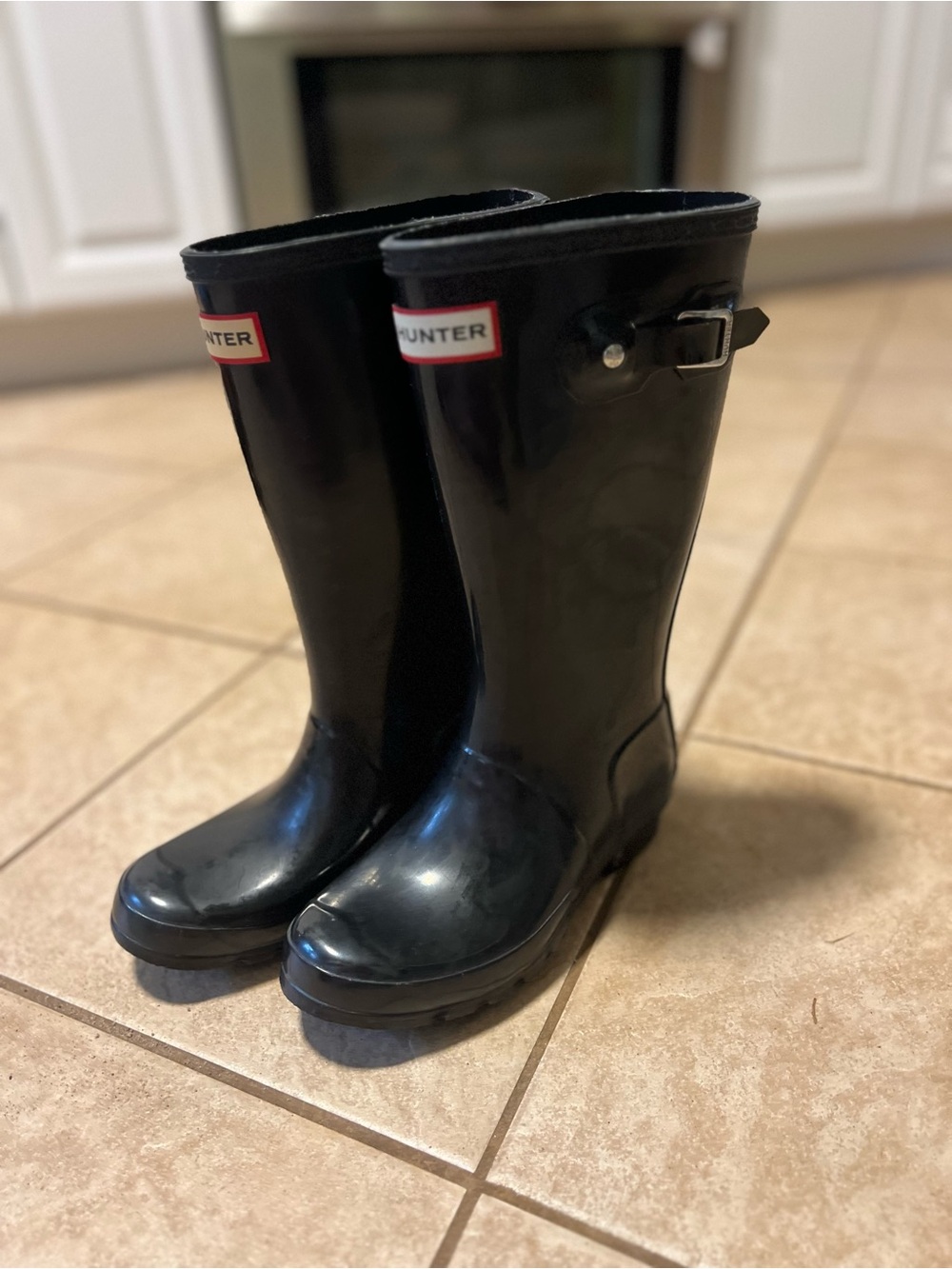 Hunter Black Gloss Mid-Calf Rain Boots with Side Buckle